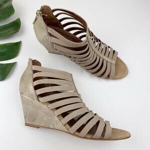 Donald Pliner Pelle Caged Wedge Sandals Open Toe Stretch Tan Gold Women's 10